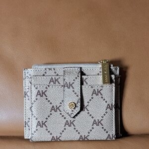 Anne Klein Card Holder Wallet Tan Monogram Zip Pocket ID Window